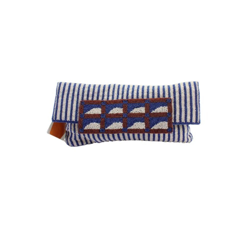 Roberta Freymann Womens Glass Seed Beaded Clutch Handbag White Blue Brown